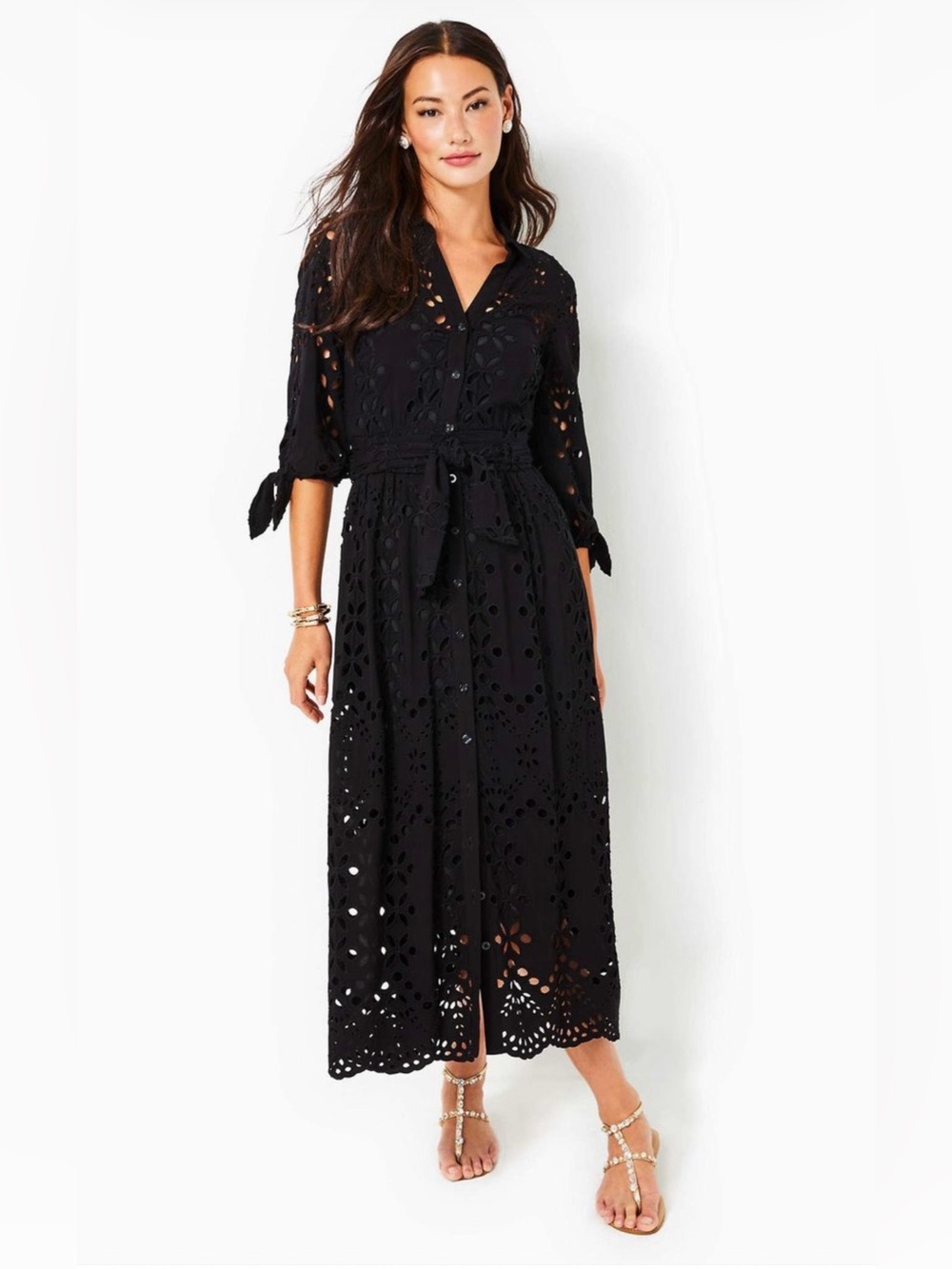 Lilly Pulitzer Amrita Midi Dress, Black Eyelet Lace with Tie Waist, Size 4
